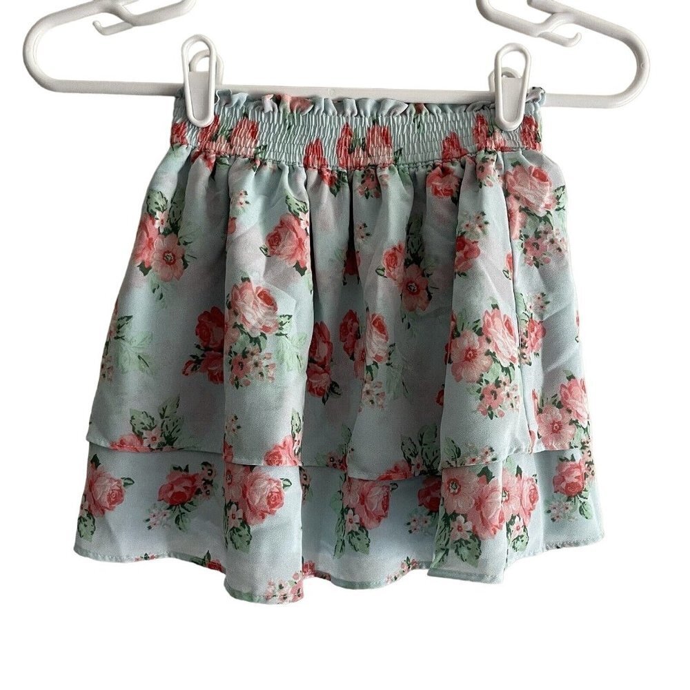 Janie And Jack Girl 6 Mint Floral Elastic Waist Tiered Ruffle Chiffon Skirt